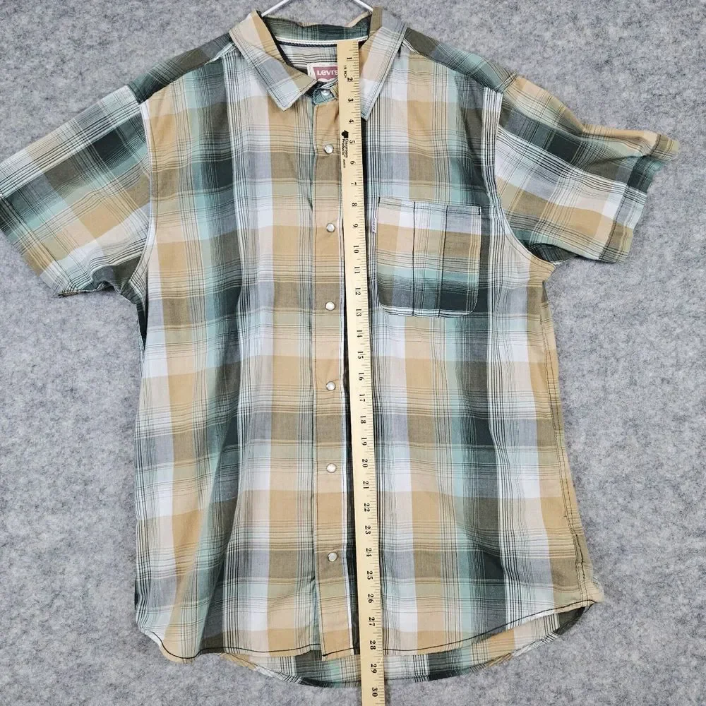 Levi's Green & Yellow Plaid‎ Pearl Snap Shirt Size Large Short Sleeves White Tab